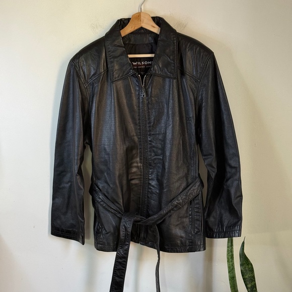 Wilsons Leather y2k Vintage 100% Genuine Leather Jacket with Tie Belt Women's XL - Picture 1 of 5